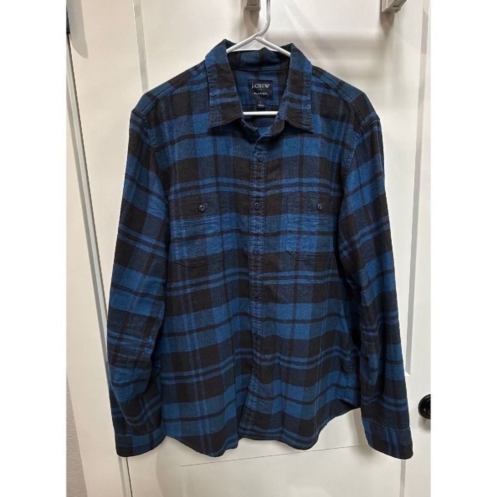 J.Crew Flannel Shirt Men's Large‎ Blue Black Plaid 100% Cotton Button Down
